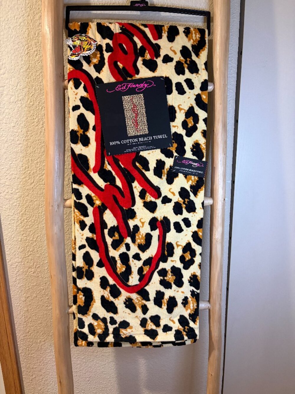 Ed Hardy Leopard Print Beach Towel 100% Cotton Red Script 36x68 NWT